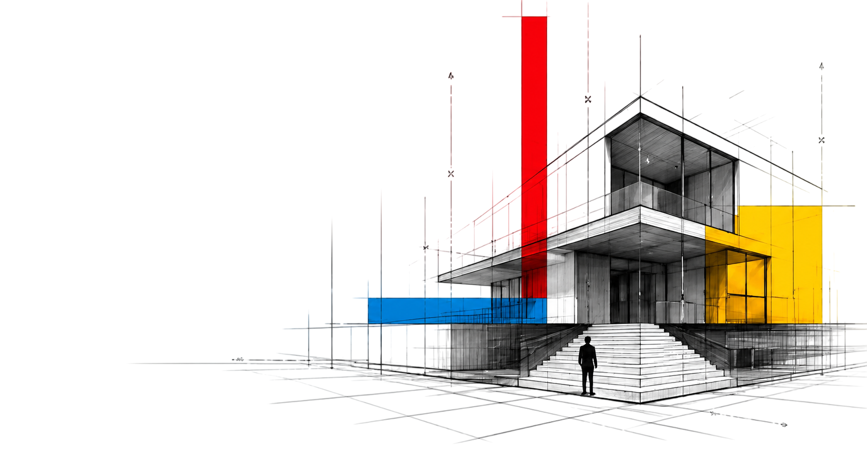 Architecture sketch with bold colour blocks